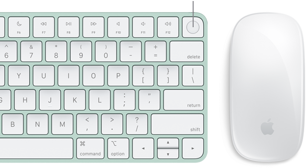 Close da parte de cima do Magic Keyboard com Touch ID, ao lado do Magic Mouse.