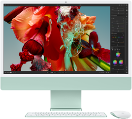Tela do iMac que mostra uma flor colorida no Adobe Lightroom para destacar a variedade de cores e a resolução da tela Retina 4.5K.