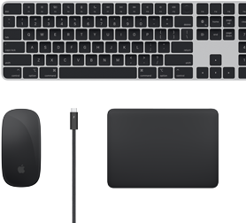 Imagem de cima de acessórios para Mac: Magic Keyboard, Magic Mouse, Magic Trackpad e cabo Thunderbolt.