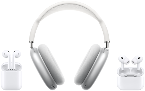 A imagem mostra os AirPods, AirPods Max e AirPods Pro.