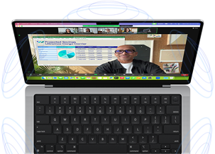 MacBook Pro com ilustrações de círculos azuis ao redor do aparelho que exemplificam o efeito 3D do Áudio Espacial. Na tela, uma pessoa usa o recurso Sobreposição do Apresentador em uma reunião pelo Zoom para aparecer na frente do conteúdo apresentado