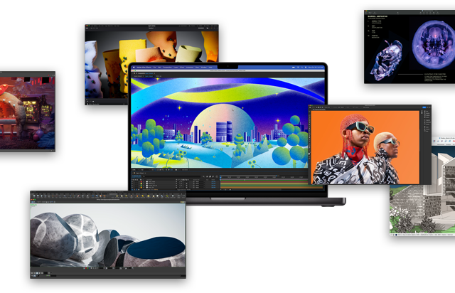 Imagem do MacBook Pro executando apps como Adobe After Effects, Keynote, DaVinci Resolve, Autodesk Maya with Arnold renderer, Adobe Photoshop, Houdini e SketchUp