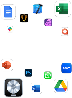 Vários ícones de apps coloridos demonstrando a variedade de apps que rodam no macOS