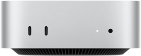Imagem da frente do Mac mini prateado mostrando as portas da frente