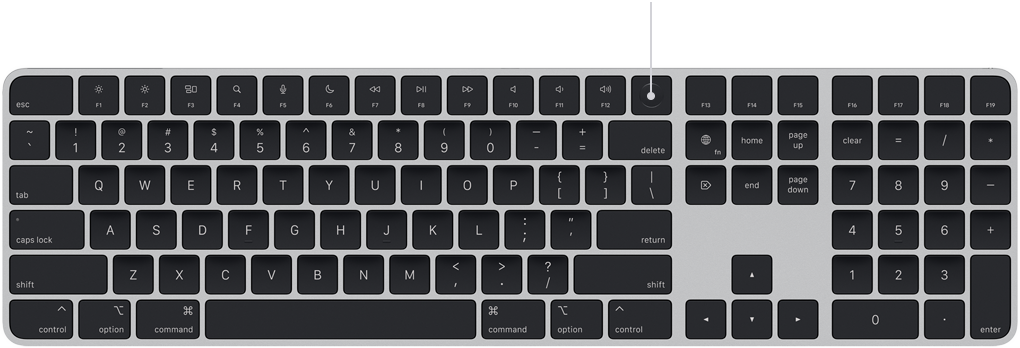 Seta indicando o sensor do Touch ID no Magic Keyboard, localizado acima da tecla delete