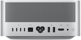 Imagem da parte de trás do Mac Studio com quatro portas Thunderbolt 4, uma porta Ethernet de 10 Gb, um conector para o cabo de alimentação, duas portas USB-A, uma porta HDMI, uma entrada para fones de ouvido de 3,5 mm e um botão Ligar/Desligar.