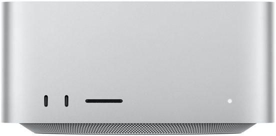 Imagem da parte da frente do Mac Studio com duas portas USB-C no canto inferior esquerdo, slot para cartão SDXC, luz indicadora de status no canto inferior direito e orifícios de ventilação visíveis na parte de baixo.