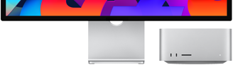 Imagem de perto da parte da frente do Mac Studio ao lado do Studio Display. O Mac Studio se encaixa perfeitamente abaixo da borda inferior do Studio Display.