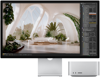 Imagem da parte da frente do Studio Display ao lado do Mac Studio